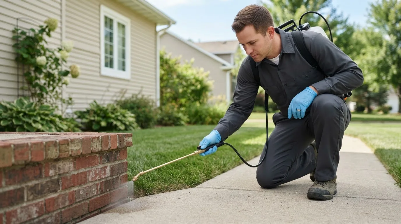 Pest control technician treating a home near Bishop Hill, IL