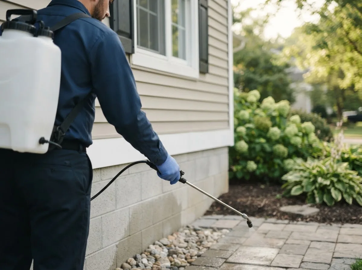 Pest control technician inspecting a home in Bishop Hill, IL